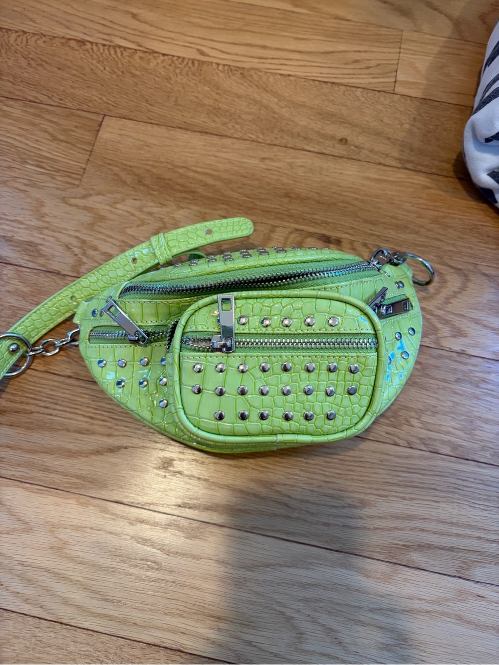 Neon Lime Studded Faux-Croc Belt Bag